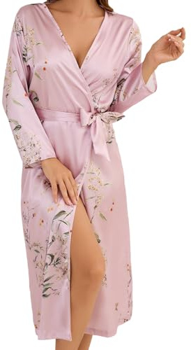 Rayson Chemises Nuit Femme Pyjama Satin Nuisette Col V Manches Longues en Soie avec Corde Imprimé Sleepwear rose S