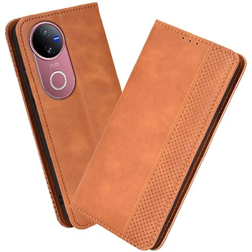 XINNI Protective Phone Case for vivo V50 5G, PU/TPU Vintage Flip Leather Shockproof Cover Magnetic Book Style Wallet, Brown