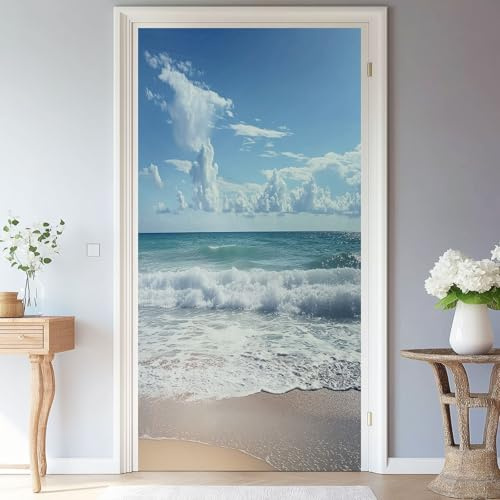 Türtapete Türfolie Selbstklebend TürPoster PVC Türaufkleber Natur Landschaft Strand Wolken, 88 x 200 cm 3D Türbild Fototapeten Wasserfest Für Schlafzimmer Wohnzimmer Tür Dekoration Stickers Weiß Blau