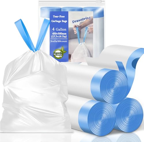 10L Bin Liners Drawstring Bin Bags with Tie Handle,Thickened Small Bin Bags for Bathroom Pedal Bin, Bedroom, Office Waste Paper Bin (60 Liners, White)
