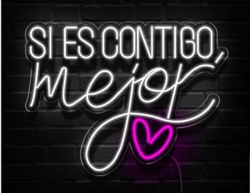 Letrero de Neón LED 'Si es Contigo', Cartel Luminoso Decorativo con Corazón, Luz Blanca y Rosa 85CM X65 CM ALIMENTADOR 12 V