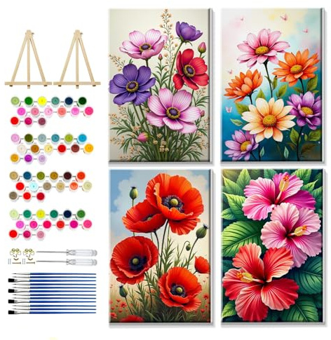 YOYA 4 Pack Framed Paint by Numbers Kit for Adults - Flowers Adult Paint by Number Kits on Canvas with Easel, DIY Flower Paint by Number Framed Canvas for Home Wall Decor 8x12 Inch