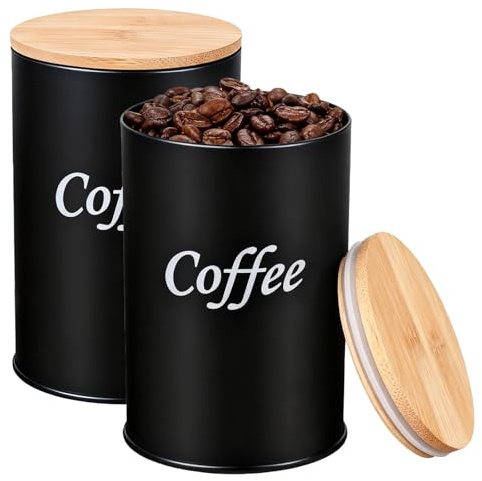 2 latas de café herméticas, 95 x 140 mm, recipientes con tapa de madera, redondos, recipientes de almacenamiento para café molido, cápsulas de café, té, nueces