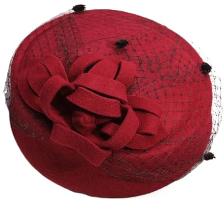 ALMLEU Fascinator Cerimonia Donna Cappello basco in feltro di lana da donna, fascinator, cappelli artista, cappellino bambina(Red)