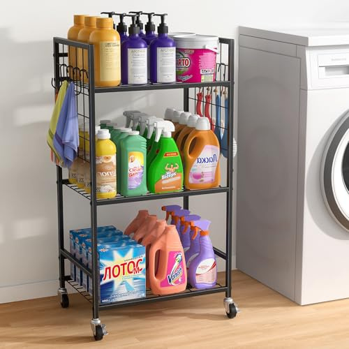 Housolution Chariot de Rangement à roulettes pour Salle de Bain, Cuisine | Étagère à 3 Niveaux, Capacité de Charge Totale de 75kg, 8 Crochets Supplémentaires pour plus de Fonctionnalité