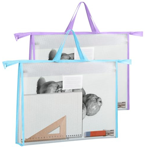 VEGCOO 2 Pack A3 Art Portfolio Bag, Waterproof Portfolio Folder for Artworks, Transparent Portfolio Case, Zipper and Handle Art Carrying Storage Bag for Posters Drawings (A3-B Style)