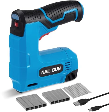 GJCrafts Sparachiodi Elettrica,Chiodatrice Elettrica 2 in 1 agli ioni di litio,kit graffettatrice elettrica/chiodatrice cordless 3,7 V con graffette e chiodi,caricatore USB,Sparachiodi elettrica