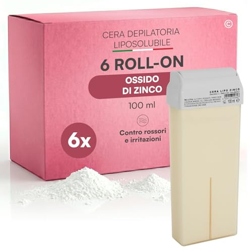 Ricarica Ceretta Rullo all'Ossido di Zinco, Cera Depilatoria Roll On Professionale, Compatibilità Universale, Azione Lenitiva per Pelli Sensibili Contro Irritazioni e Rossori - 6 Cartucce da 100ml