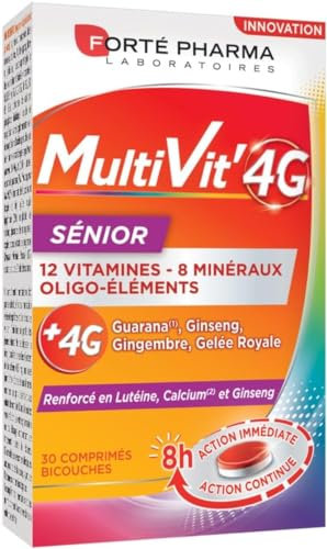 Forté Pharma - Multivit' 4G Sénior | Complément Alimentaire Forme, Tonus - Vitamines, Minéraux - Ginseng, Luthéine et Calcium - Energie, vue & fatigue oculaire | 30 comprimés Bi-couches