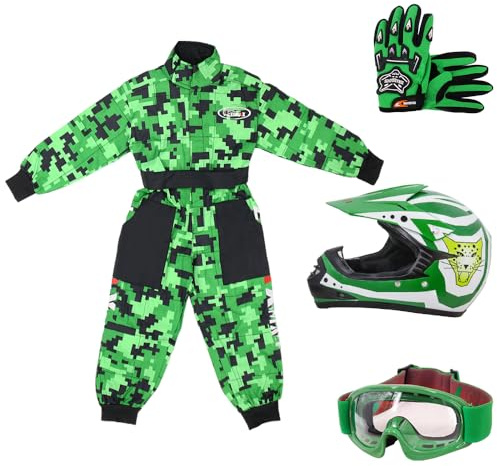 Zorax Green CAMO S(5-6 Years) Kids Suit & Gloves M(6cm) & Goggles & Zorax M (51-52cm) ZOR-X17 Kids Children Motocross Motorbike Motorcycle Helmet Set ECE2206