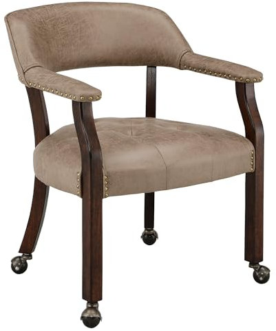 LEEMTORIG Dining Chairs with Casters and Arms, Rolling Dining Chairs with Wheels for Elderly, Ergonomic Wide Seat Wooden Office Desk Chair, 26 Dx25.2 W, Espresso Legs&Yellow Brown Fabric SY-318-LT