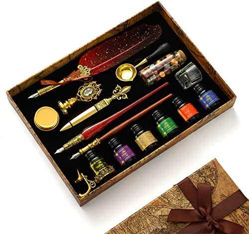 RoseFlower Schreibfeder Kalligraphie Tinte Set, Vintage Federstift Tinte Set mit Wachssiegelperle, Tinte, Federn, Stifthalter, Schmelzender Löffel Etc, Kalligrafie Set für Einsteiger und Profis