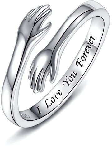 Omfamnande ring i 925 sterlingsilver för kvinnor, ”I Love You Forever” ingraverad, present till mamma, syster eller vän, smycke med öppna händer som symboliserar vänskap och kärlek, Sterlingsilver,