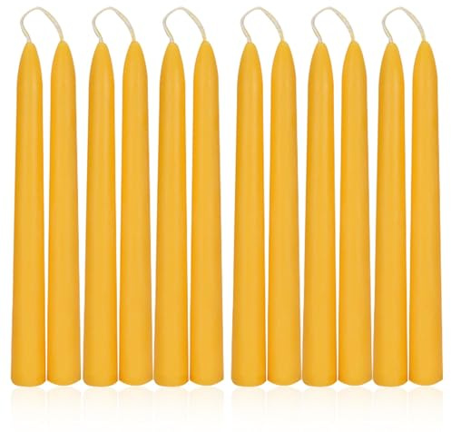 100% Pure 8 Inch Natural Bees Wax Taper Candlestick 12Pack - 8 Hours Long Burning, Smokeless, Dripless and Unscented for Home Decor Party Dinner