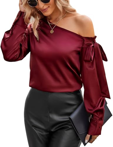 VIDUSSA Women's Silk Satin Shirt Blouse Long Sleeve Off The Shoulder Tops Ladies Casual Going Out Tops Wine Red S