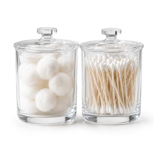 ForPro Clear Acrylic Apothecary Jars with Lids, Set of 2 Shatterproof Qtip Holder & Cotton Ball Container, 15 Oz Bathroom Vanity Organizer Canister for Kitchen & Office Decor, 4.5 x 3.5