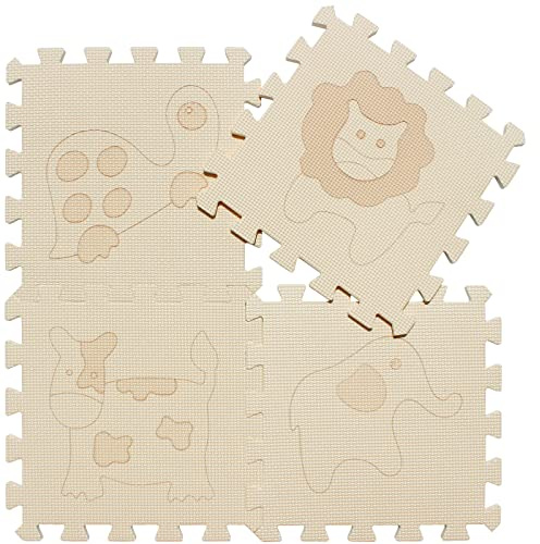 qqpp EVA 18 Tiles Baby Play Mat for Playing, Interlocking Foam Floor Mats for Tummy Time & Crawling, Puzzle Flooring Tiles with Animals Laser Pattern for Kids. Beige. QL-11(J) b18N