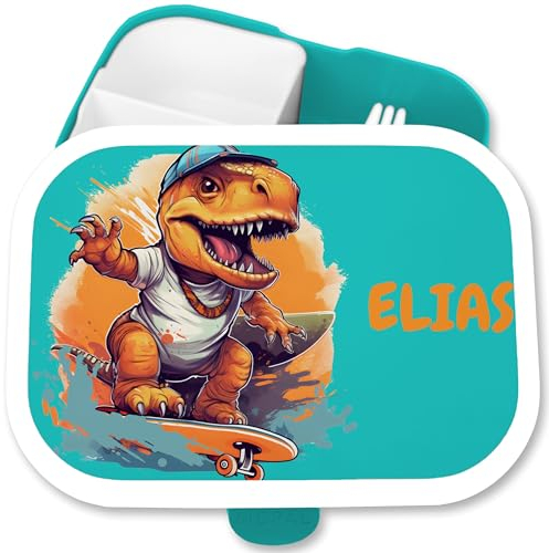 Brotdose Kinder Campus für Mepal - Dino T-Rex Dinosaurier TRex Skateboard - 750 ml - Türkis - personalisierte geschenke schulkind kinderbrotdosen kindergarten saurier t rex vesperbox