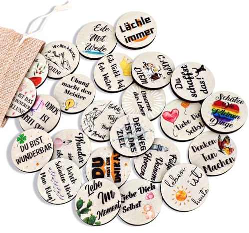 24er Set Holz Glücksbringer Klein Motivationsgeschenke Runde Holzscheiben mit Inspirierende Sprüche für Einschulung Party Tischdeko Streudeko Kinder Schulanfang Geschenke