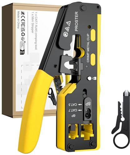 Proster RJ45 professionell pass genom flera funktioner Crimptång Kabelstrippare för kontakter Crimpverktyg för RJ45 CAT5 CAT6/CAT6A och CAT7 RJ45 Ethernet-gul