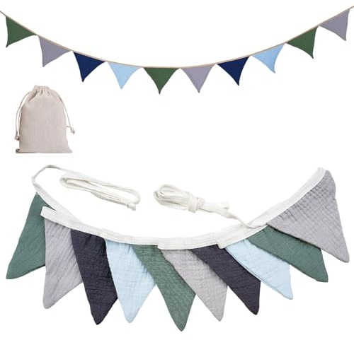 Goldenland Wimpelkette Kinderzimmer, Stoff Wimpelkette, Wimpelkette Musselin Baumwolle, Girlande Kinderzimmer Deko, Babyzimmer deko Mädchen & Jungen für Hausbett, Babybett, Wanddeko (Morandi Blau)
