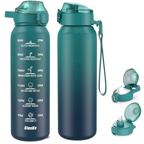 SLUXKE - Botella de agua aislada con pajita y tapas de cierre, de acero inoxidable 18/10 de 710 ml, botella de agua libre de BPA, de doble pared aislada al vacío de boca ancha para hombres, mujeres y