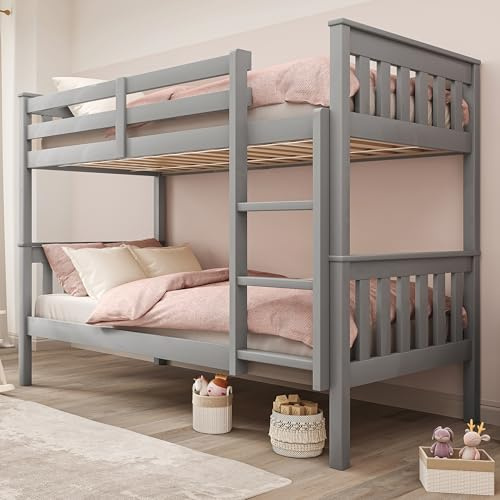 Blisswood Double Bunk Bed, 3ft Single Bed Frame with Ladder, Extra Strong & Durable, Wooden Kids bunk beds, Twin Sleeper for Kids, Children, Adults, Double Bed Frame With Under Bed Storage (Grey)