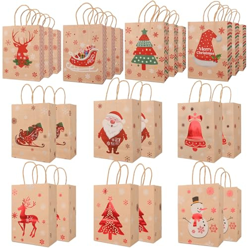 SENTAIMAO Lot de 24 Sacs Cadeaux de Noël en Papier Kraft Avec Poignée pour Emballage, Fournitures de Fête