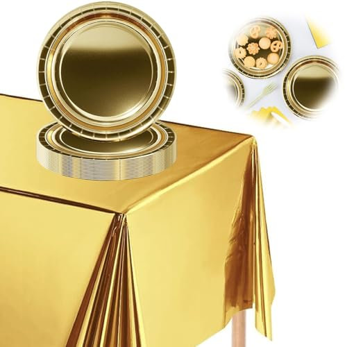 16 Platos Papel, Platos de Postre de Fiesta,Platos de Papel Dorado para Fiesta, Platos Desechables,Decoración de Vajilla Dorada de Navidad,Adecuado para Fiestas de Jardín,Fiestas de Barbacoa,Ø 17.8 cm