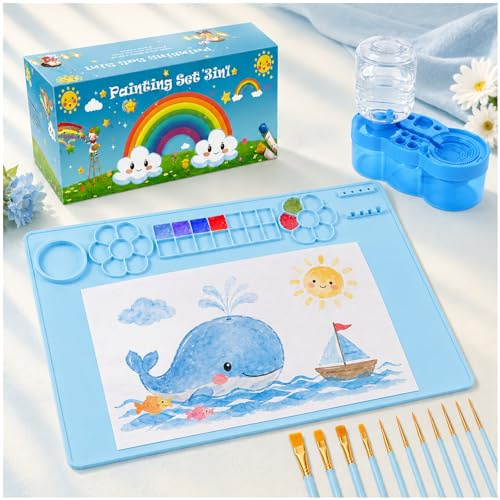 Kit pittura per bambini 3-in-1: tappetino in silicone 60x40cm + lavapennelli manuale + 10 pennelli acrilici, set sicuro e facile da pulire
