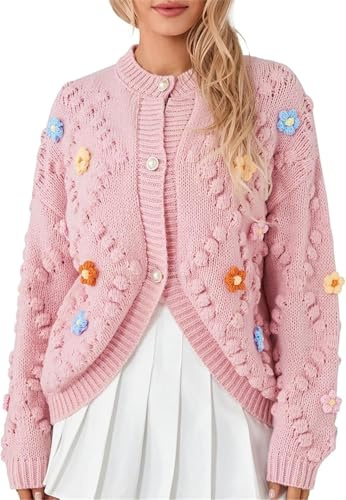 DSAoTeng Suéter de punto de manga larga con estampado floral para mujer, hecho a mano, suéter de ganchillo, informal, a la moda, bordado de flores 3D, abrigo de punto para otoño e invierno, rosa,