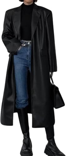 Juankrynord Trench lungo da Donna alla moda primaverile ampio lungo fino al ginocchio in PU con risvolto e bottoni stile retrò giacca da completomonopetto trench autunnale (Nero,L)