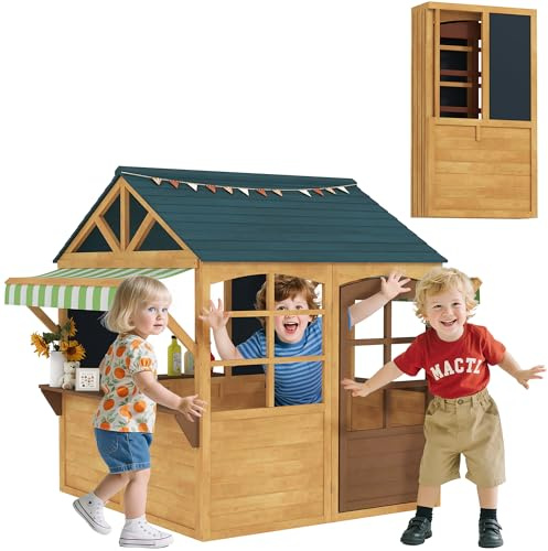 AIYAPLAY Casetta per Bambini in Legno di Abete, Casetta da Giardino Pieghevole con 5 Finestre, Tettoia, Porta e 2 Lavagne Nere, Casa da Esterno per Bimbi 3-8 Anni, 173x117x144 cm, Marrone