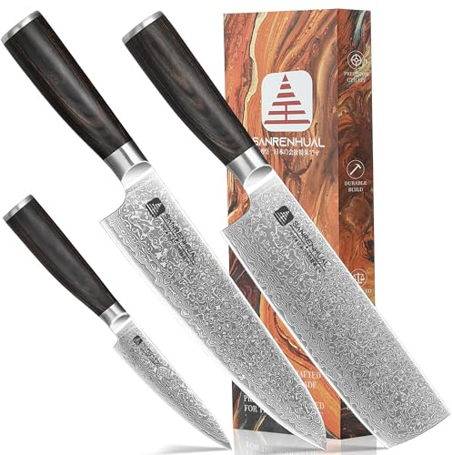 SANRENHUAL Set di 3 coltelli giapponesi in Damasco, set di 3 coltelli da chef in Damasco, forgiati in acciaio damasco, set di coltelli giapponesi professionali affilati come rasoi
