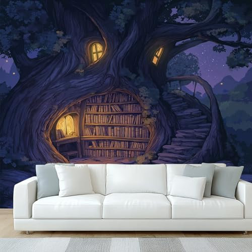 Générique Papier Peint Panoramique Bibliothèque, Papier Peint Arbre Fantastique Livre, Fresque Murale, Decoration Chambre Salon, 300 x 210 cm &WWQI