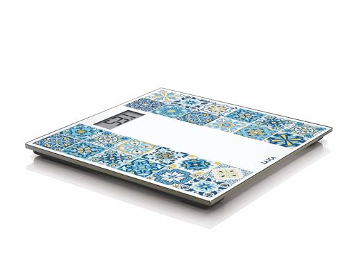 LAICA Bilancia Elettronica Ricaricabile, Mediterranean Breeze, Design iIpirato dalle Maioliche-Ricarica USB, Vetro Temperato, Ampio Display LCD, Design Sottile, Bilancia Pesapersone-Max 180 kg-Blu