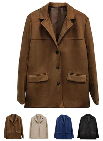 POIOZXD Veste bomber en daim synthétique pour femme - Style rétro - Marron - Avec poche ample - Manches longues, marron, L