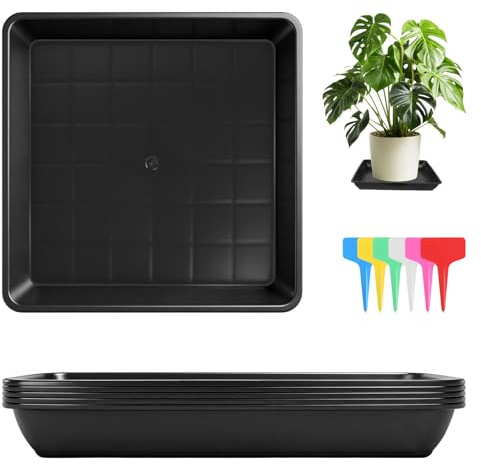 HFDONGL 5 Pièces Coupelle Pot de Fleur Carrées Soucoupe Pot Fleur Plastique Soucoupes Pots de Fleurs avec 12 Étiquettes sous Dessous de Verre pour Plantes D'intérieur et D'extérieur (30 x 30 cm)
