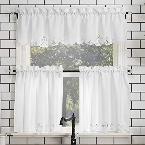 No. 918 Mariela Floral Trim Semi-Sheer Rod Pocket Kitchen Curtain Valance and Tiers Set, 58 x 24, White