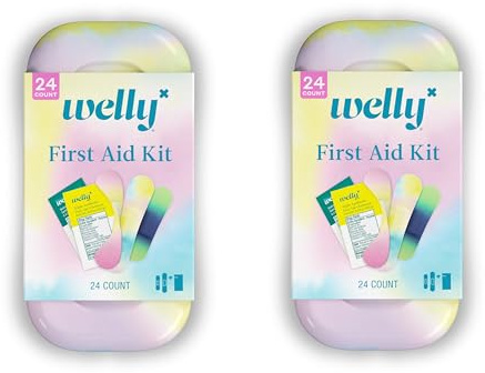 Welly Quick Fix Colorwash, On The Go First Aid Kit, Assorted Bandages, Ointments, and Hand Sanitizer, Tie Dye Patterns, 2 Pack
