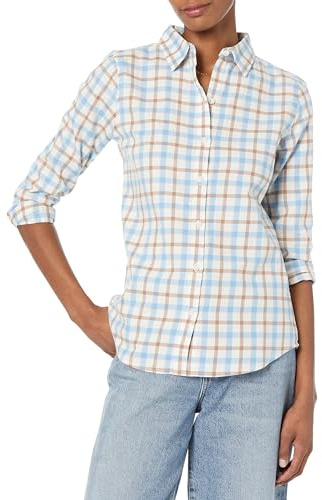 Amazon Essentials Camisa de franela ligera de manga larga para mujer, ajuste clásico, a cuadros Madrás de color azul y rojo, talla S