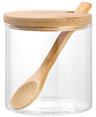 FülleMore 300ml Gewürzdose Gewürzbehälter mit Holzlöffel & Deckel,Borosilikatglas Salzdose Zuckerdose Küche Gewürzgläser Vorratsgläser (1)