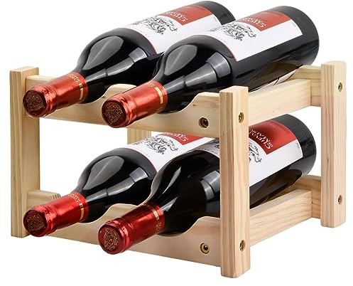 Etagère à Bouteilles de Vin en Bois, 2 Niveaux 4 Bouteilles Casier à Vin Range Bouteilles, Bouteille de Vin Stockage Porte Support d'affichage pour Cuisine Garde-Manger Cave Rangement à Vin