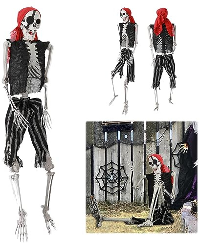 Luojuny Scheletro a grandezza naturale con costume da pirata, 165 cm, scheletro di Halloween, ossa umane, scheletro in plastica realistica con articolazioni snodabili, decorazione per Halloween
