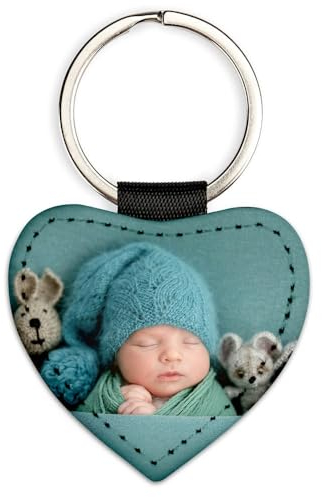 Porte clé cœur en Cuir personnalisé Photo – Impression Photo sur Porte-Clef cœur en Cuir synthétique – Porte Clef Cuir à Personnaliser - Cadeau Photo Homme ou Femme pour Noel, Anniversaire