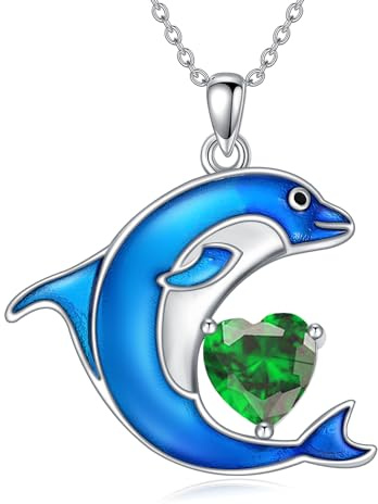 LONAGO Dauphin Collier 925 Argent Sterling Dauphin Bleu avec Pierre de Naissance Pendentif Collier pour Femme (Mai)