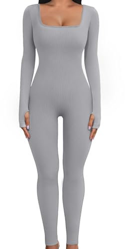 Yuson Girl Jumpsuit Damen Lang Sport Yoga Bodysuit Overall Stretch Jumpsuits Eng Quadratischer Hals Langarm Jumpsuit Einteiligem Workout Playsuits Sportkleidung Frauen Set(Hellgrau, S)