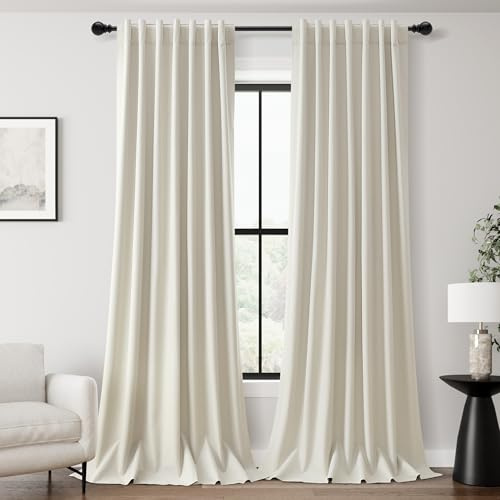 90 Inch Blackout Curtains for Bedroom Window Back Tab Neutral Cream 100% Complete Blackout Drapes 90 Long Thermal Insulated Energy Saving Living Room Dakening Curtains 90 Inch Length 2 Panels Set