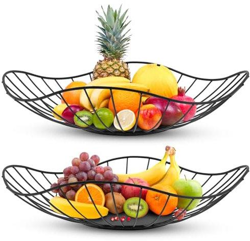 RZMZBY Frutero Negro Metal, Cuencos De Fruta Alambre, Frutero, Fruteros De Cocina Grande, Cesta De Frutas, Cocina Modernos Cesta de Frutas, para frutas, verduras y aperitivos (2, Negro)