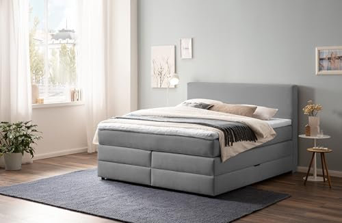 Belanoti Loft Boxspringbett 160x200 mit Bettkasten 7-Zonen Taschenfederkern Matratze inklusive Visco Topper Bett 160x200 in der Farbe Hellgrau H2 und H3 Polsterbett mit Stauraum